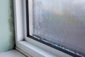 Close-up view of window. Condensation is forming between panes.