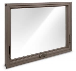 View of awning window with beige frame. White background.