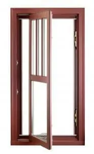 Open casement window against white background.